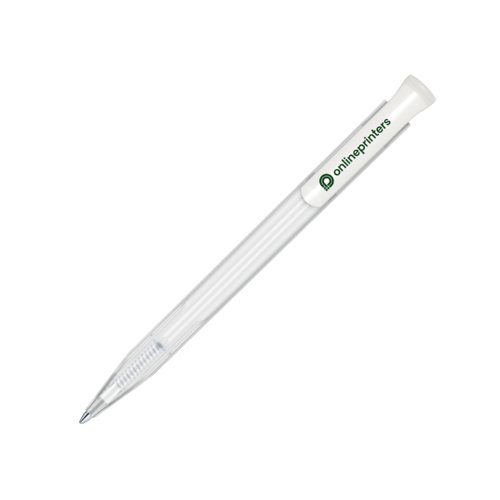 White plastic push ballpoint pen with clip.