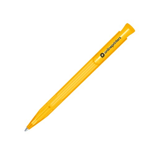 Yellow plastic ballpoint pen with push mechanism.