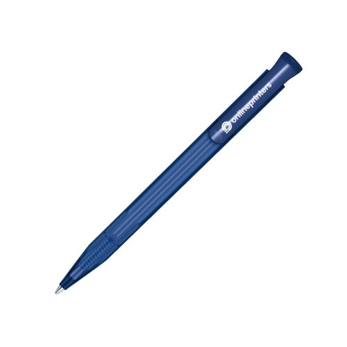 Dark blue plastic ballpoint pen with push button.