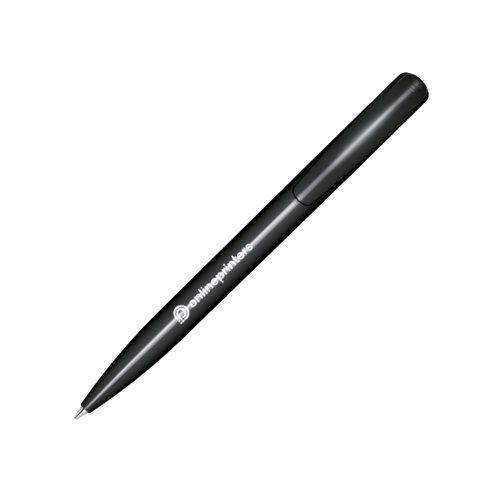 Black plastic ballpoint pen with polished finish and clip.