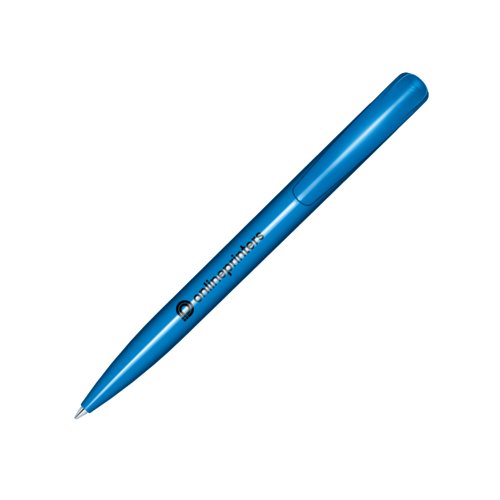 Blue plastic ballpoint pen with polished finish and push mechanism.