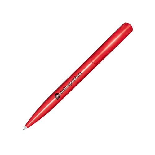 Red plastic ballpoint pen with polished finish and push mechanism.