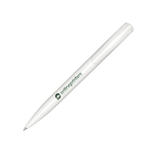 White plastic ballpoint pen with polished finish and push mechanism.