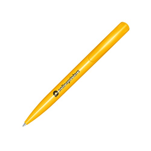 Yellow plastic ballpoint pen with polished finish and push button.