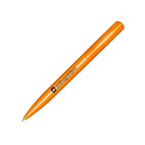 Orange plastic ballpoint pen with polished finish and clip.