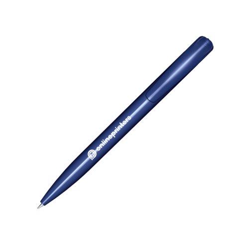 Dark blue plastic ballpoint pen with polished finish and push button.