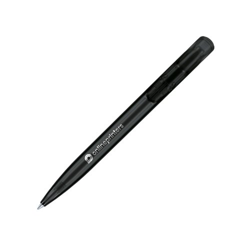 Frosted plastic ballpoint pen with push-button mechanism.