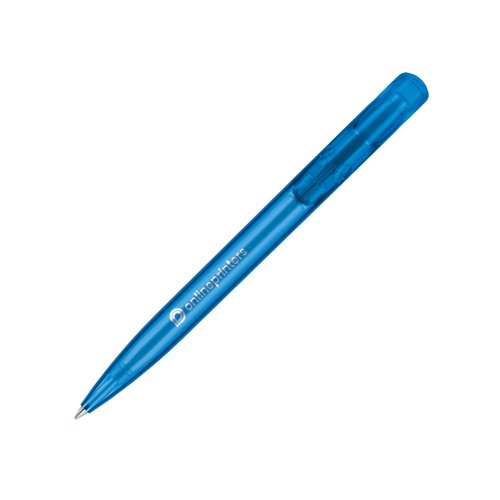 Blue plastic ballpoint pen with push-button mechanism.