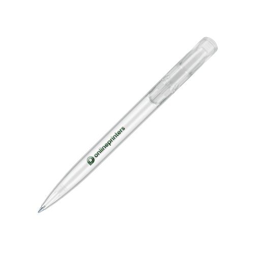 White plastic ballpoint pen with push button and clip.