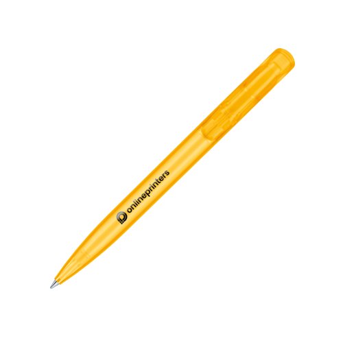 Yellow plastic ballpoint pen with push mechanism.