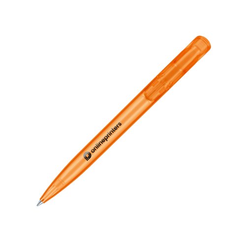 Orange plastic ballpoint pen with push button.