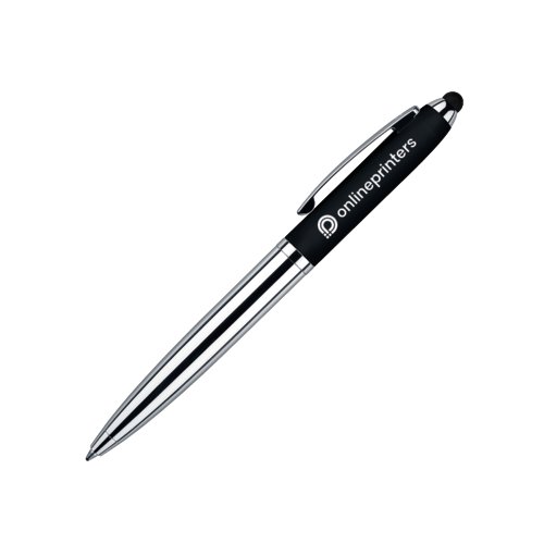 Black metal ballpoint pen with touchpad and twist mechanism.