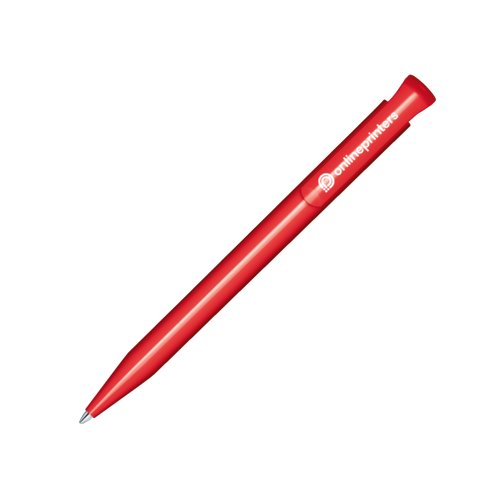 Red plastic ballpoint pen with polished finish and push button.