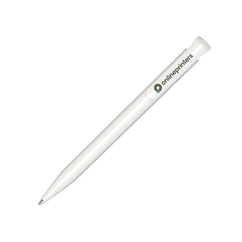 White plastic ballpoint pen with smooth finish and push mechanism.