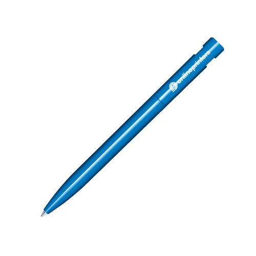 Blue plastic push ballpoint pen with polished finish and clip.