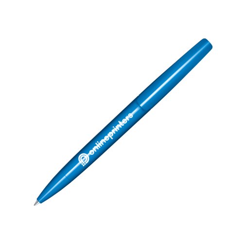 Blue plastic ballpoint pen with polished finish and twist mechanism.