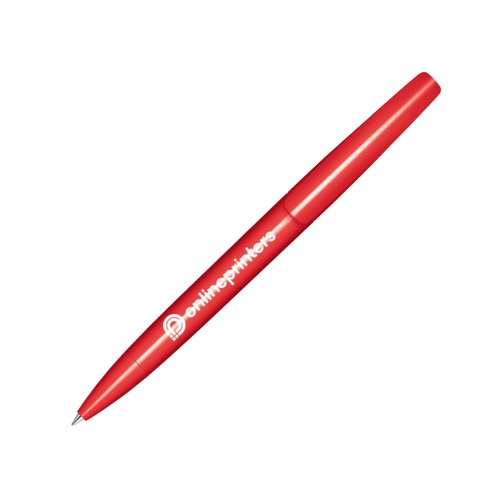 Red ballpoint pen with polished finish and twist mechanism.