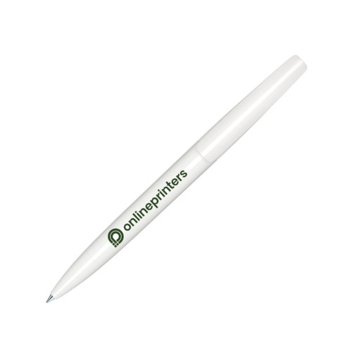White plastic ballpoint pen with twist mechanism.