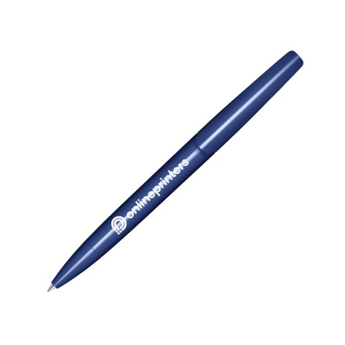 Dark blue plastic twist ballpoint pen with polished finish.