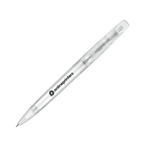 White plastic twist ballpoint pen with transparent body.