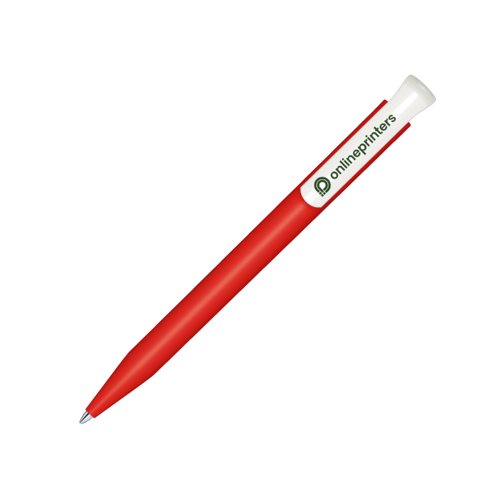 Red and white bio-plastic click pen with clip.
