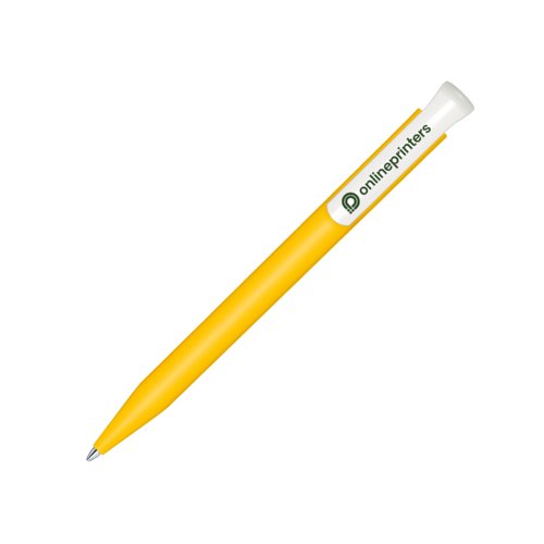 Yellow bio ballpoint pen with push mechanism and clip.
