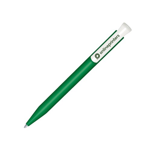 Green bio plastic ballpoint pen with push mechanism.
