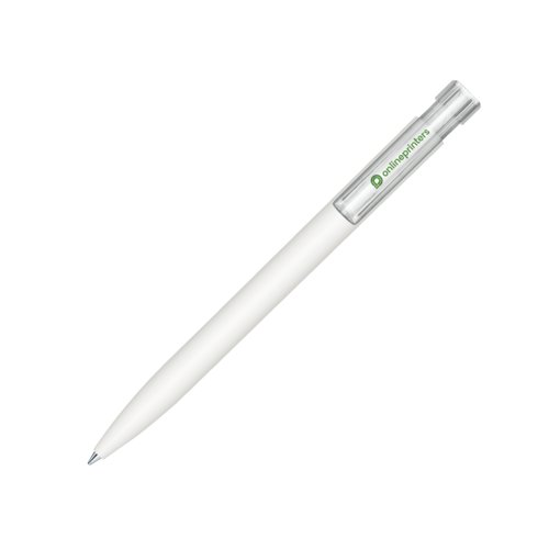White ballpoint pen with push mechanism and clip.