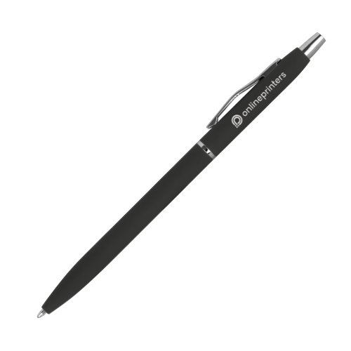 Black metal ballpoint pen with clip and push button.