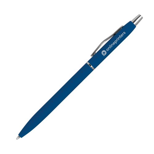 Blue metal ballpoint pen with clip and push button.