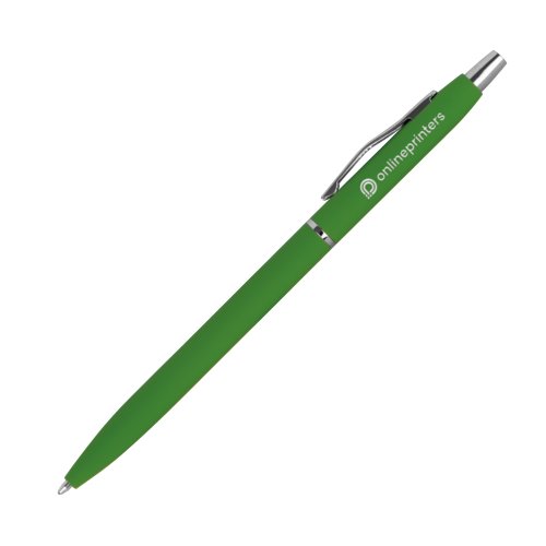 Green metal ballpoint pen with clip and push mechanism.