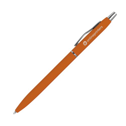 Orange metal ballpoint pen with clip and push mechanism.