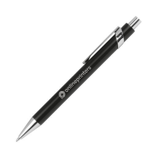 Metal ballpoint pen with clip and push mechanism.