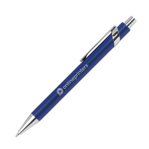 Blue patterned metal ballpoint pen with clip and push mechanism.