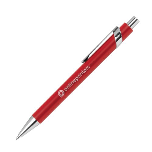 Red patterned metal ballpoint pen with clip and push mechanism.