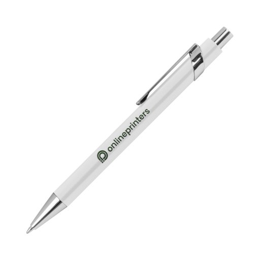 White patterned metal ballpoint pen with clip and push mechanism.