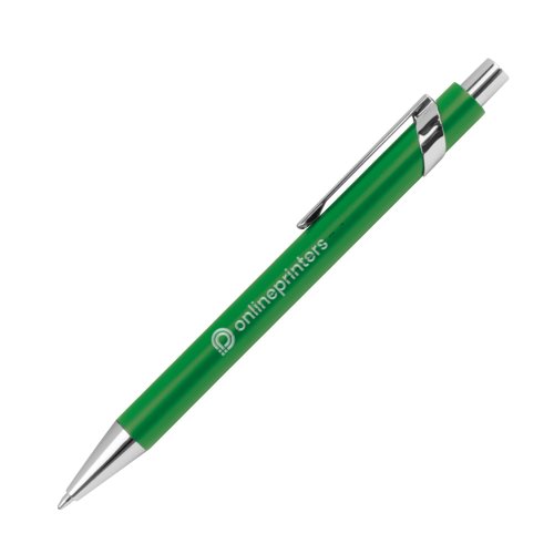 Green patterned metal ballpoint pen with clip and push mechanism.