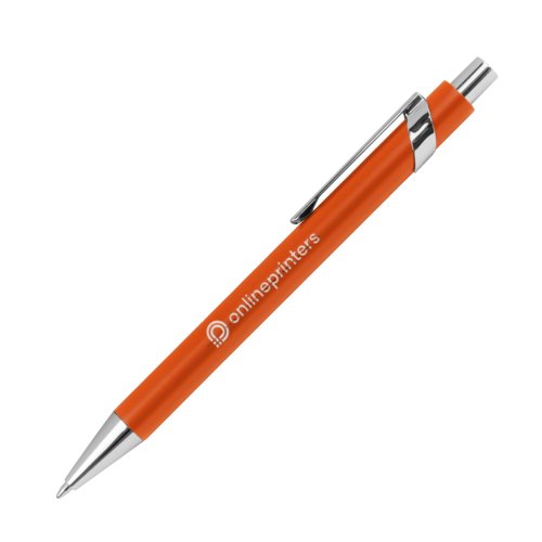 Orange metal ballpoint pen with pattern, clip, and push mechanism.