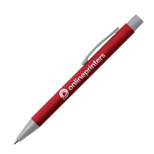 Red ballpoint pen with clip and push mechanism.