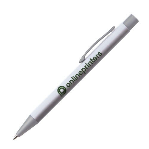 White plastic ballpoint pen with clip and push mechanism.