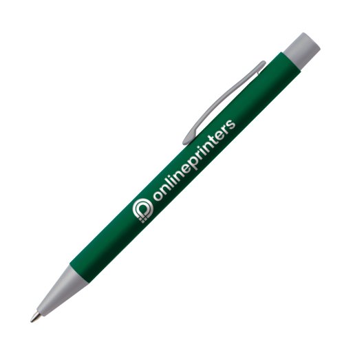 Green plastic ballpoint pen with clip and push mechanism.