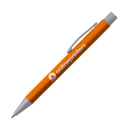 Orange ballpoint pen with clip and push button.