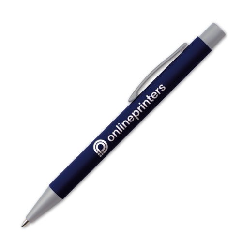 Dark blue ballpoint pen with clip and push button.