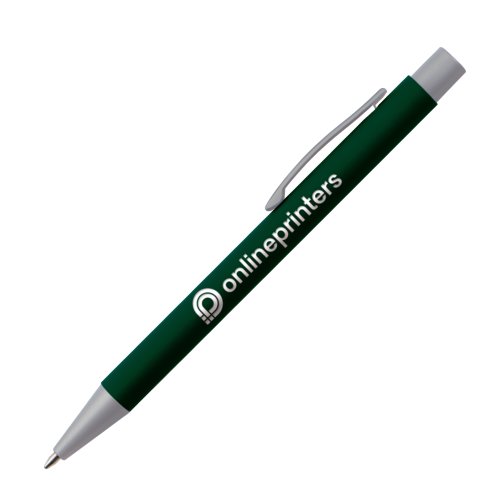 Dark green ballpoint pen with clip and push mechanism.