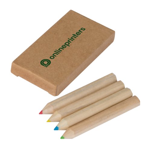 Wood-colored colored pencils in cardboard box.