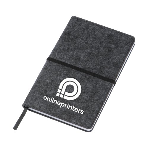 Gray felt notebook with elastic band and ribbon bookmark.