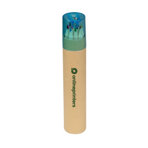 Wooden colored pencils in paper case with sharpener.