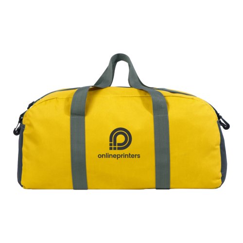 Yellow fabric sports bag with zipper and carrying handles.