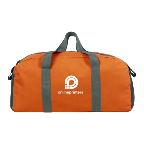 Orange fabric sports bag with handles and zipper.