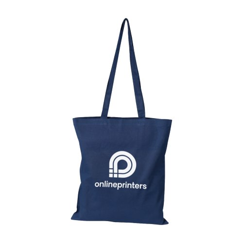 Dark blue cotton bag with pattern and long handles.